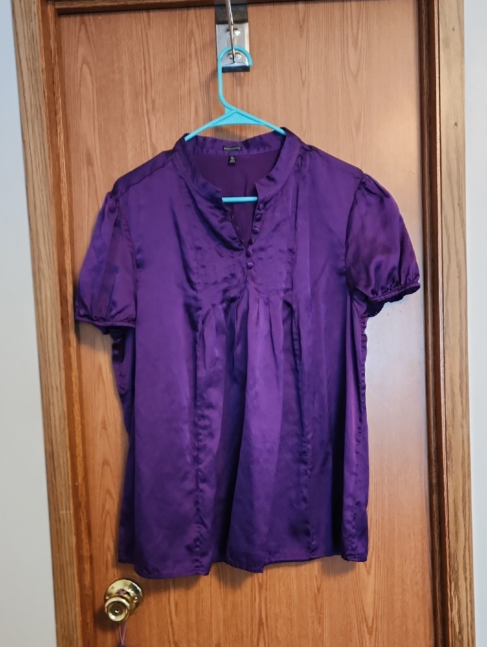 Ladies Madison Purple Satin Short Puff Sleeve Blouse